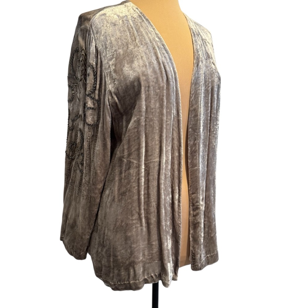 Chico’s taupe silver crushed velvet  beaded formal evening open front cardigan 2